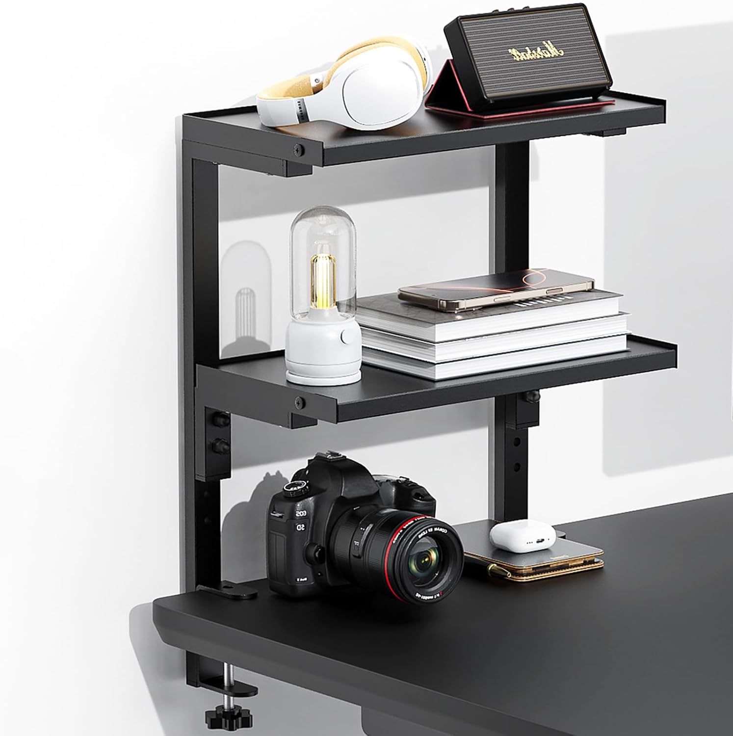 Spacrea clamp on Desk Shelf, 2 Tier Office Desk Shelves Organizer, Woo