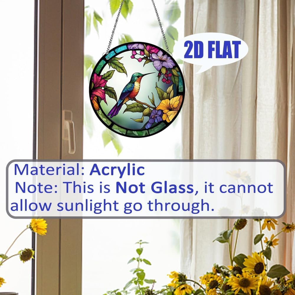 Hummingbird with Flower 2D 8inch Acrylic Window Hangings, Bird Suncatc