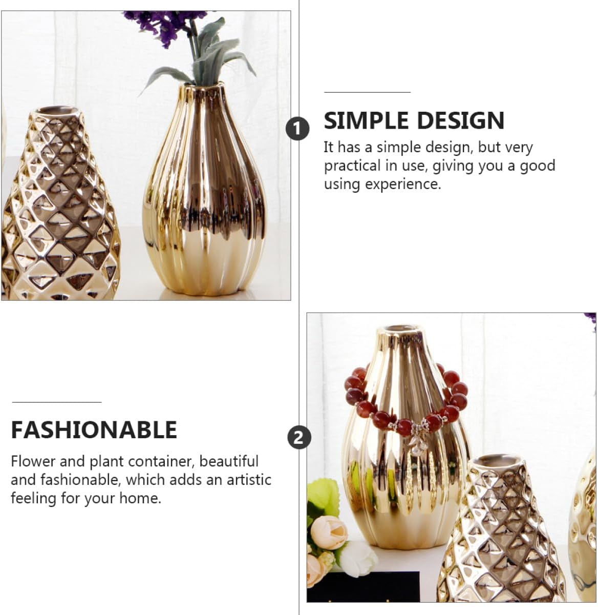 Gold Ceramic Vase Vintage Flower Planter Unique Desktop Plant Containe