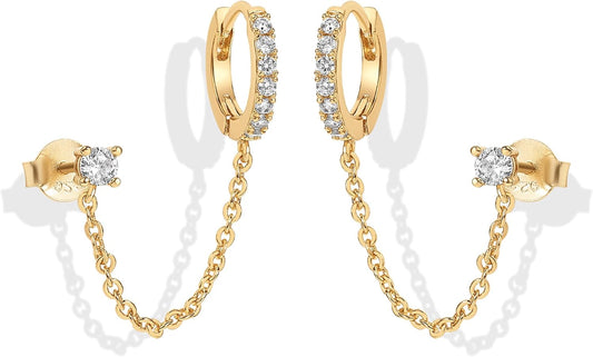 PAVOI 14K Gold Chain Earrings for Women | Double Piercing Dangle Chain
