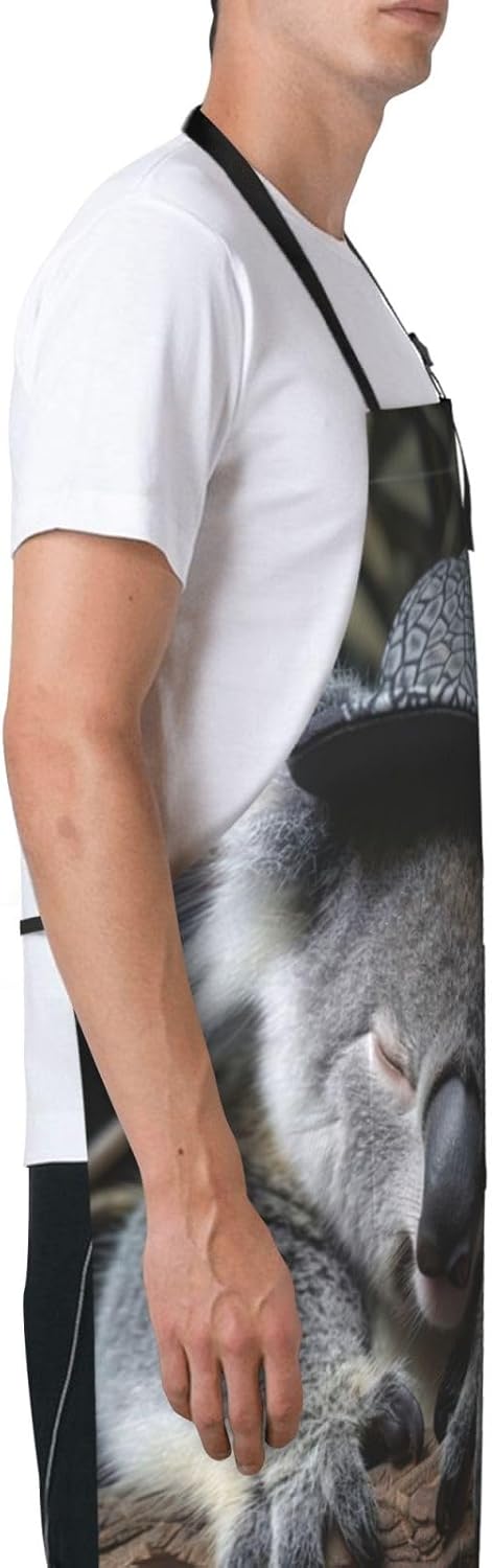 sleeping koala cap print Waterproof chef's apron with pocket apron for kitchen cooking baking barbecue and gardening