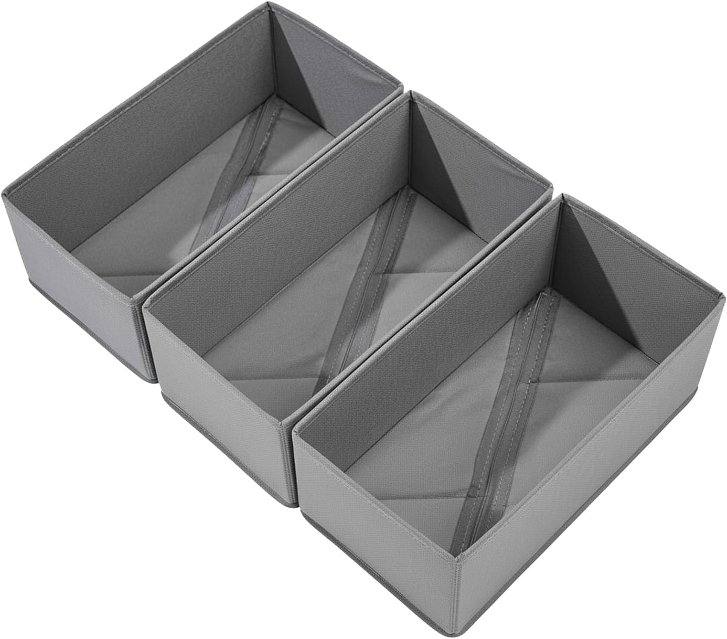 Sock Drawer Organizer 3 Pack - Collapsible Fabric Storage Bins for Underwear Divider, Small Closet Organizers with 3 Compartments, Gray