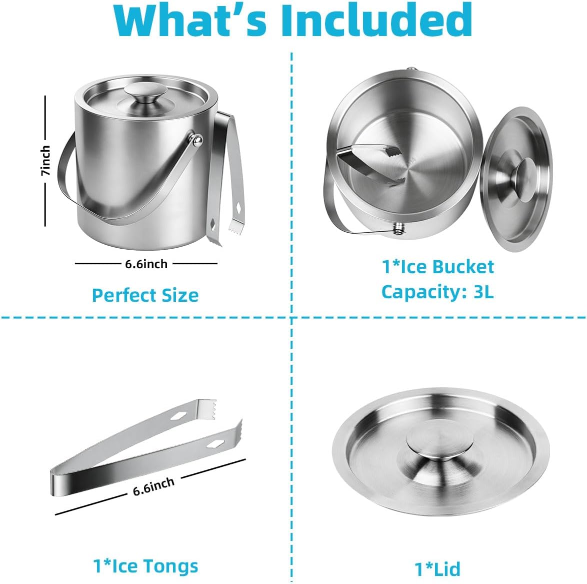 ChefBee Stainless Steel Ice Bucket - 3L Double-Wall Insulated Ice Buck