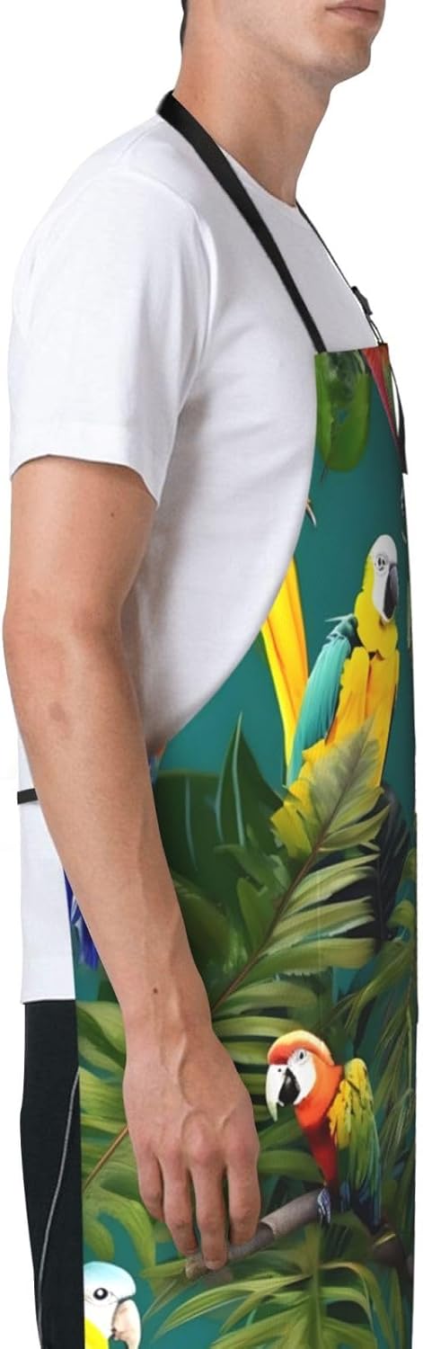 Tropical plants and parrots print Waterproof apron with pocket adjusta