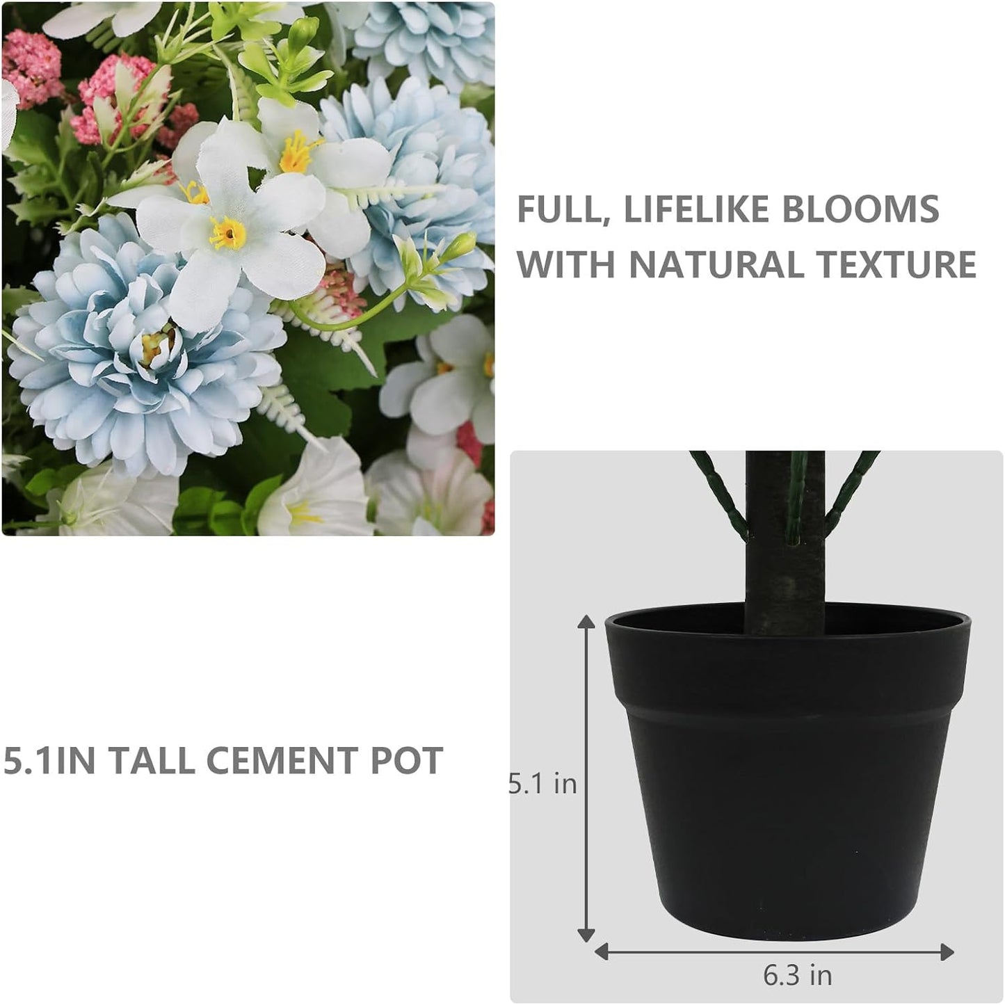 24" Artificial Daisy Flowers for Outdoors, Set of 2 - UV Resistant Faux Potted Eucalyptus Plants & Blue Silk Chrysanthemum Ball in Cement Pots for Covered Front Porch Indoor Spring Decor