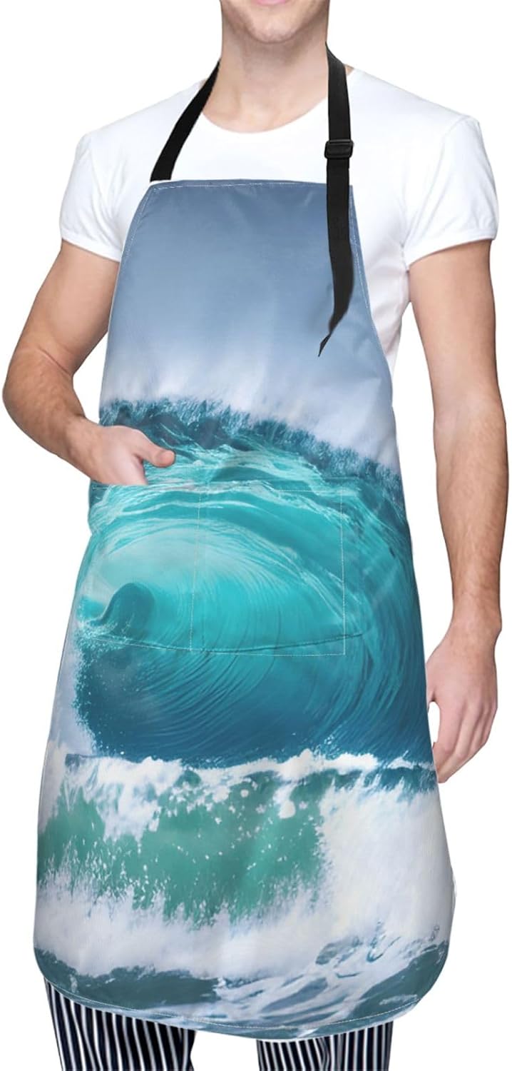 YANYU Ocean Wave Print 28x33 In Kitchen Apron Stylish Chef Apron with Pockets for Cooking Baking Painting
