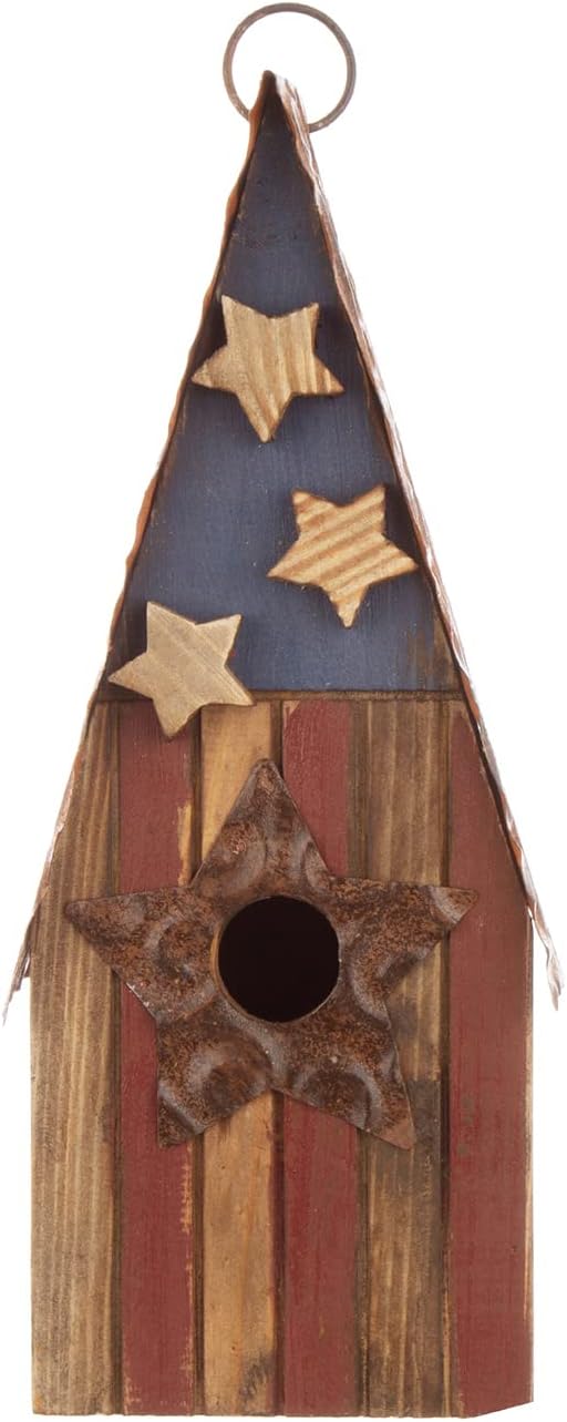 Glitzhome Hanging Birdhouses for Outdoors, Patriotic USA Distressed Solid Wood Cottage Design with 3D Stars, Garden Wooden Birdhouse for Bluebird Hummingbird Wren Finch Cardinals Cedar 12.5" H