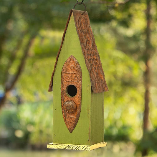 Glitzhome Bird Houses for Outside, 13.25" H Distressed Green Solid Woo