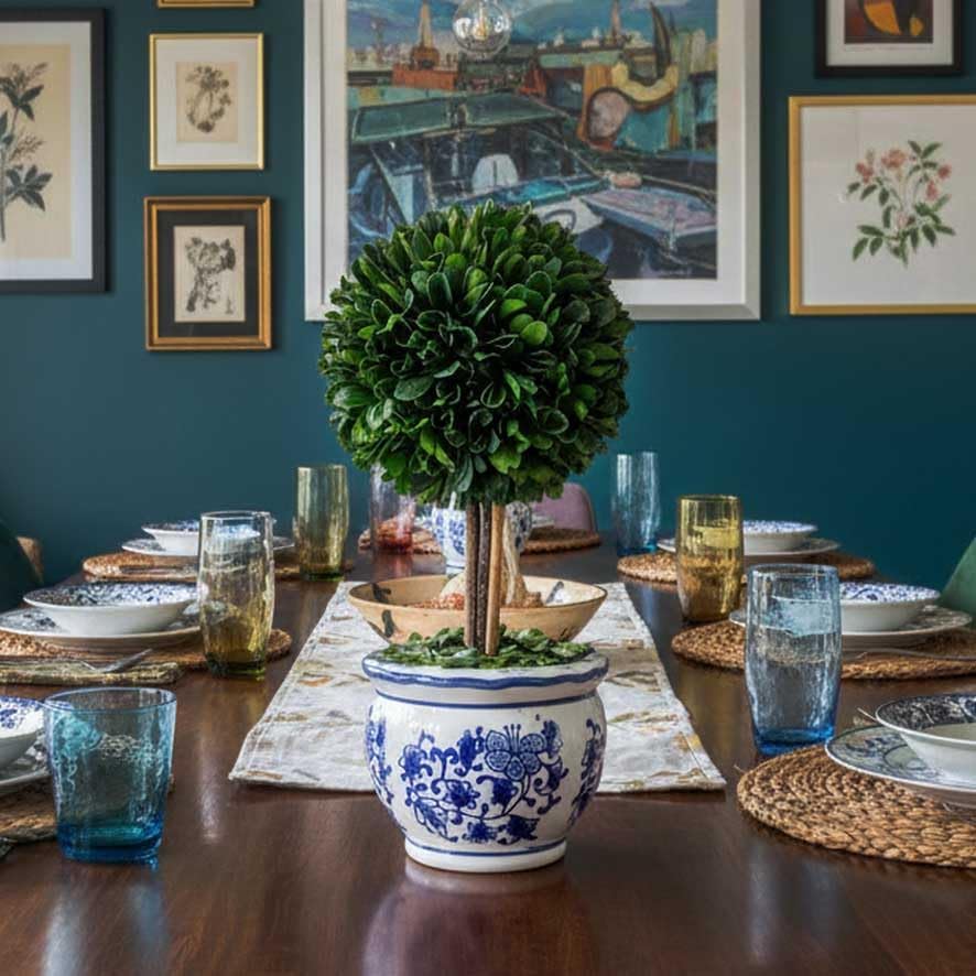 Galt International Naturally Preserved Boxwood Ball Topiary Tree in Round Hand Painted Blue & White Ceramic Pot Planter - European Rococo Home Decor Classic Chinoiserie Small 11" Tall Topiary