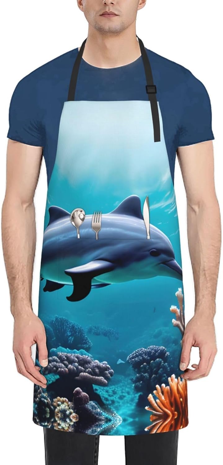 Beautiful Underwater World Dolphins Coral Print 28x33 In Adult Kitchen Apron with Pockets Versatile Chef Smock for Cooking Baking
