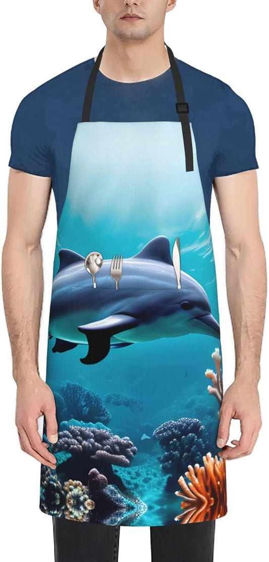 Beautiful Underwater World Dolphins Coral Print 28x33 In Adult Kitchen Apron with Pockets Versatile Chef Smock for Cooking Baking