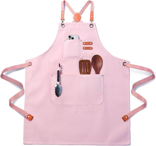 Chef Apron for Men Women with Pockets,Cross Back Cotton Canvas Plus Si