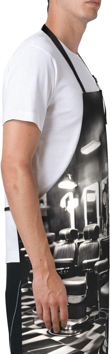 Barber Shop Monochrome Style Print Laundry apron 28x33 In Waterproof Kitchen Apron with Pockets for Cooking Baking