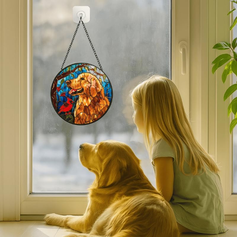 Stained Glass Window Hanging - Golden Retriever & Cardinal Bird 7.8in Sun Catchers Indoor Stained Glass Panels Wall Decor for Mom, Wife, Lovers, Festive