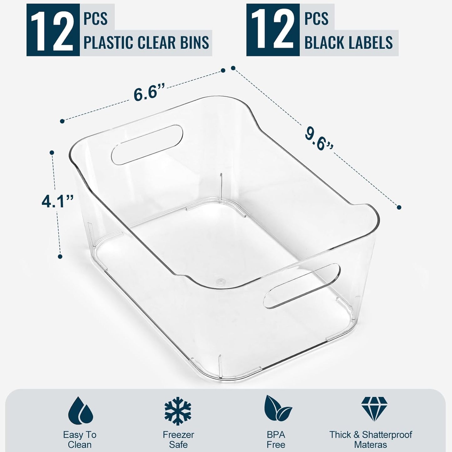 12 PACK Multi-Use Clear Plastic Storage Bins for Organizing w/ Labels 
