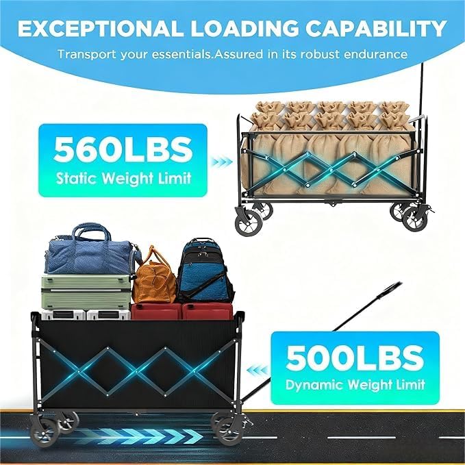 Wagons Carts Foldable, Beach Wagon with Brakes & All-Terrain Wheels 560LBS Capacity Collapsible Wagon for Trips, Outdoor Camping, Sports & Garden Use – Black