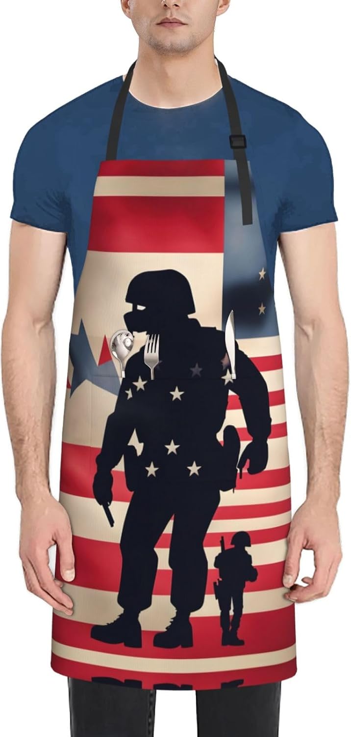 US Military Soldiers Patriotic Memorial Day Print Laundry apron 28x33 In Waterproof Kitchen Apron with Pockets for Cooking Baking