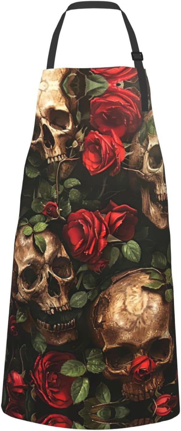 Skull and Red Rose print Waterproof chef's apron with pocket apron for kitchen cooking baking barbecue and gardening