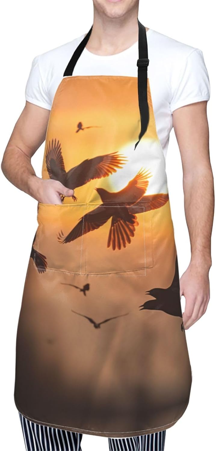 Birds Sunset print Waterproof apron with pocket adjustable cooking apron for adult kitchen bibs to bake