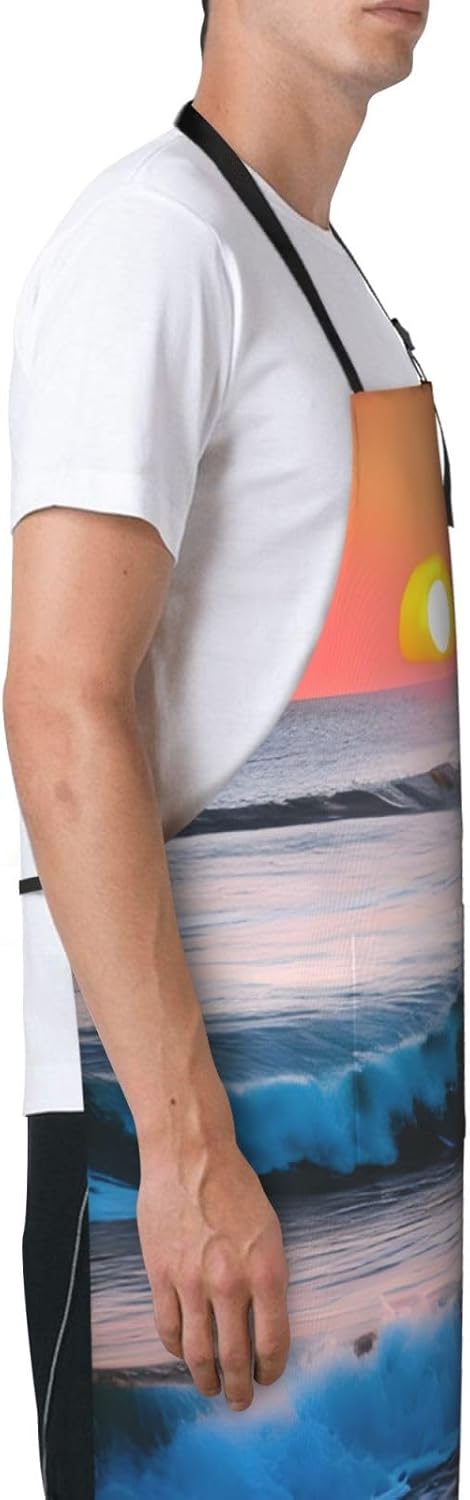 Sunset and Sunrise with Ocean Sea Waves Print 28x33 In Adult Kitchen Apron with Pockets Versatile Chef Smock for Cooking Baking