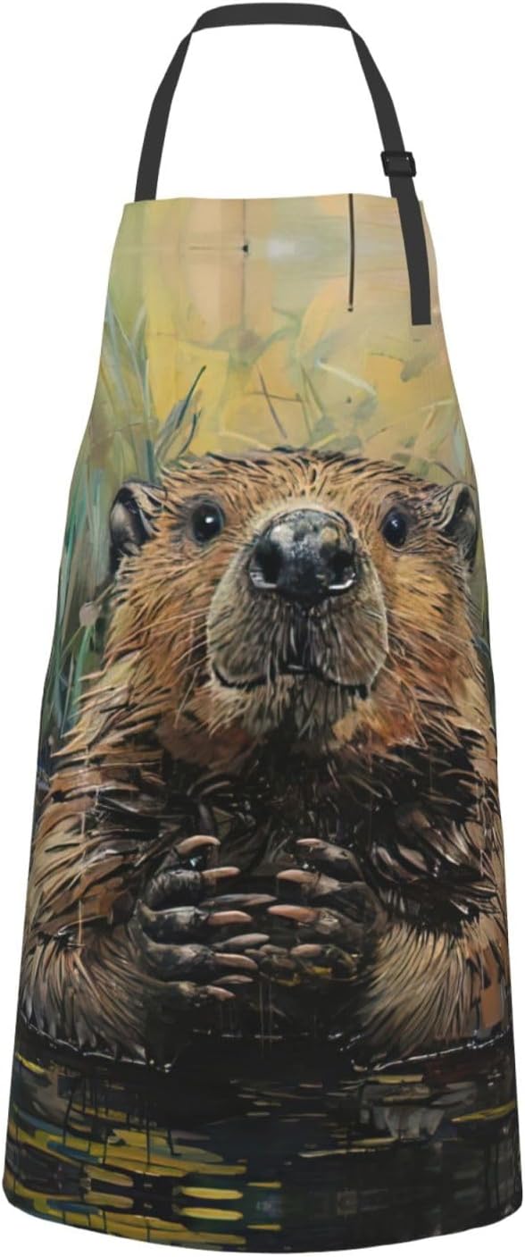Beaver Print Laundry apron 28x33 In Waterproof Kitchen Apron with Pockets for Cooking Baking