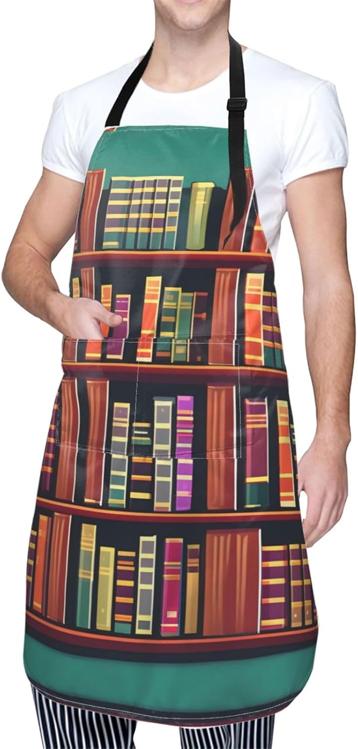 Library Bookshelf print Waterproof apron with pocket adjustable cooking apron for adult kitchen bibs to bake