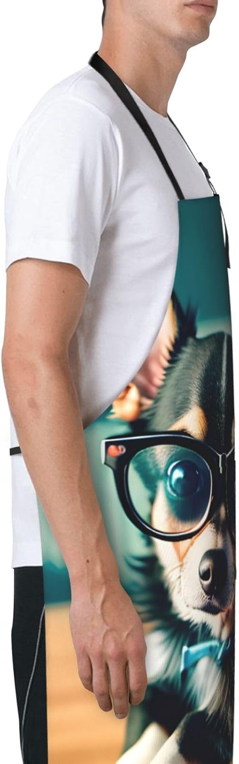 Chihuahua Dog Glasses Print 28x33 In Adult Kitchen Apron with Pockets 