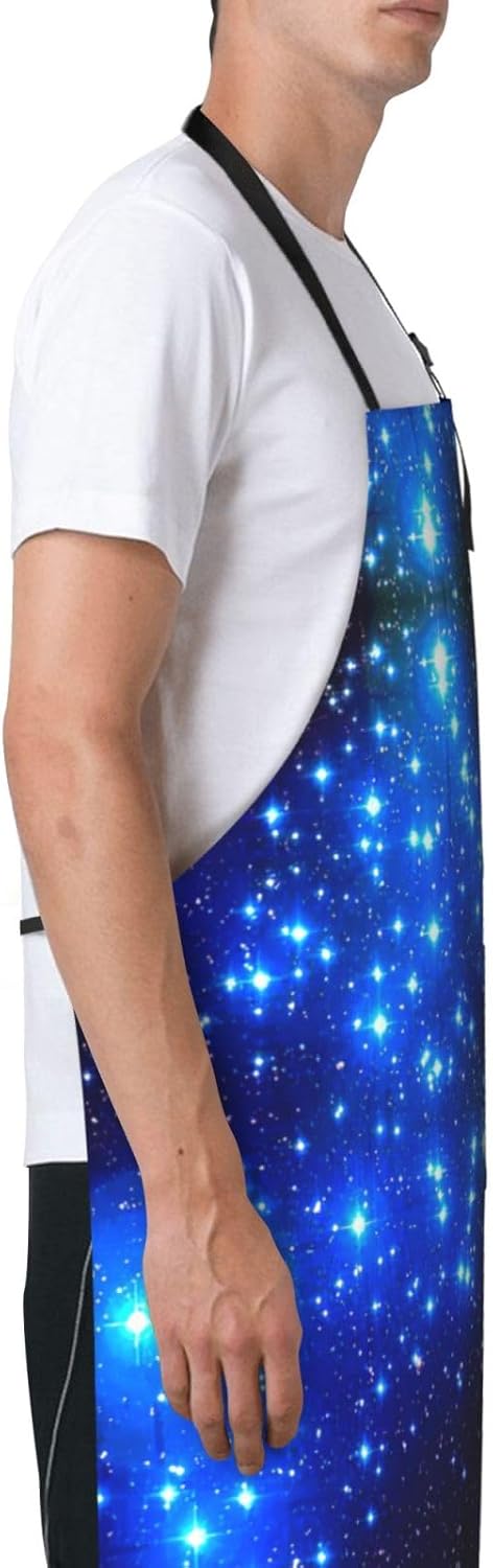 Blue Shining Stars Print 28x33 In Adult Kitchen Apron with Pockets Versatile Chef Smock for Cooking Baking