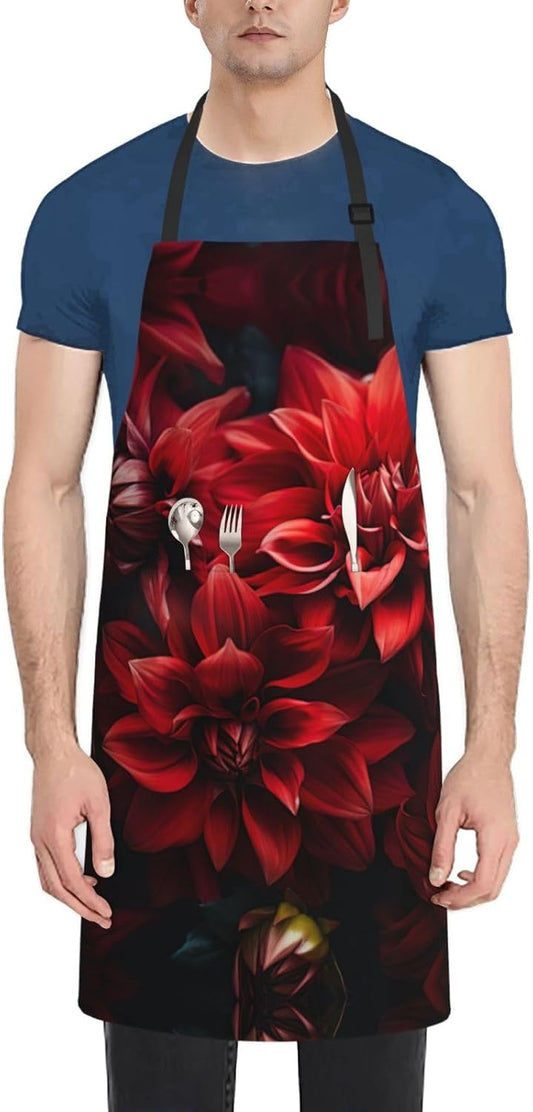 Red flower print Waterproof apron with pocket adjustable cooking apron for adult kitchen bibs to bake