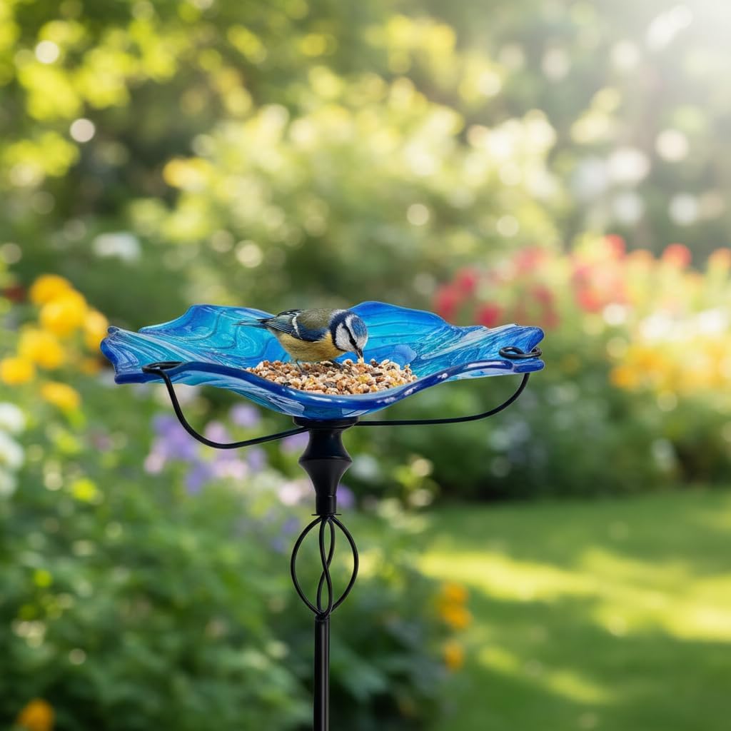 HONGLAND Bird Baths for Outside,11" Small Blue Glass Birdbaths Outdoor