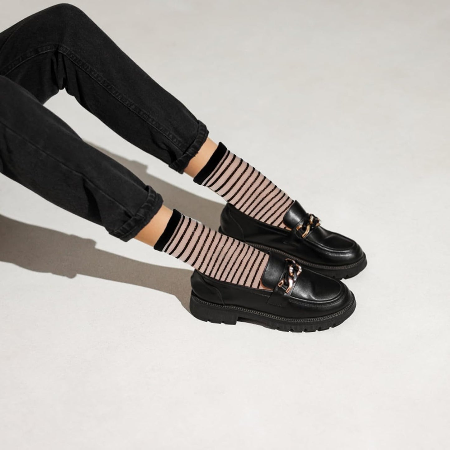 Lusofie 5 Pairs Sheer Black See-Through Socks - Checkered Dot Striped 