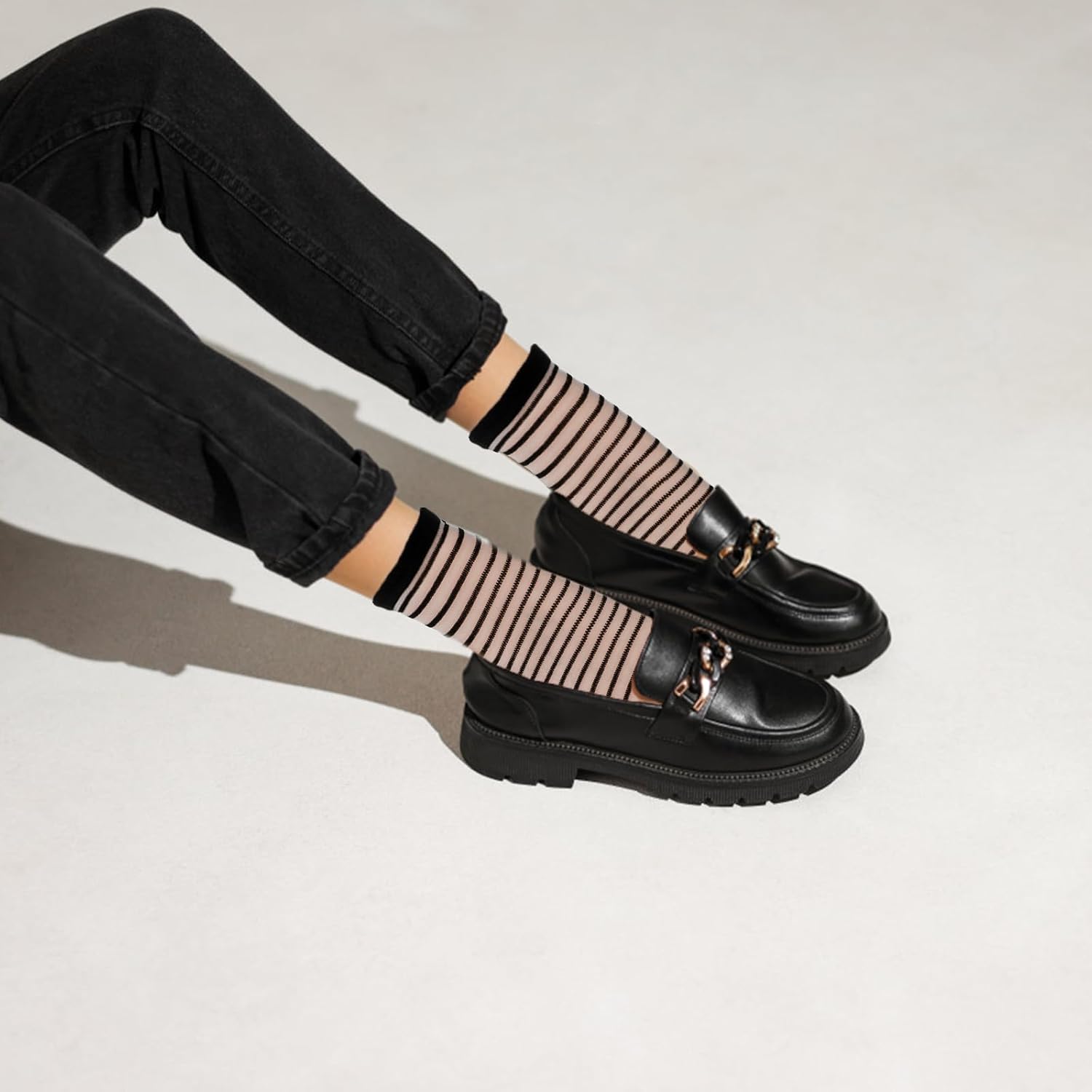 Lusofie 5 Pairs Sheer Black See-Through Socks - Checkered Dot Striped 