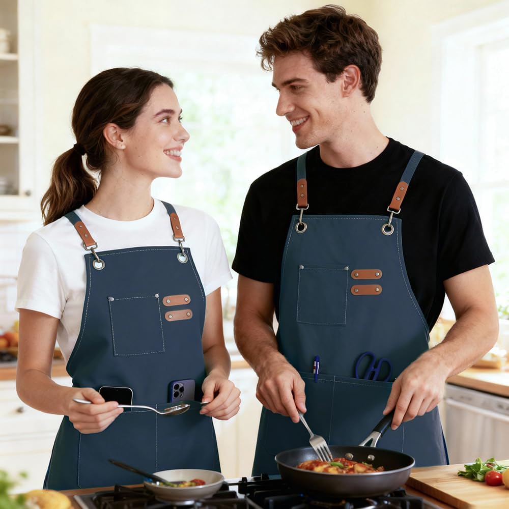 Chef Apron for Women Men with Pockets, Cotton Canvas Cross Back Adjust