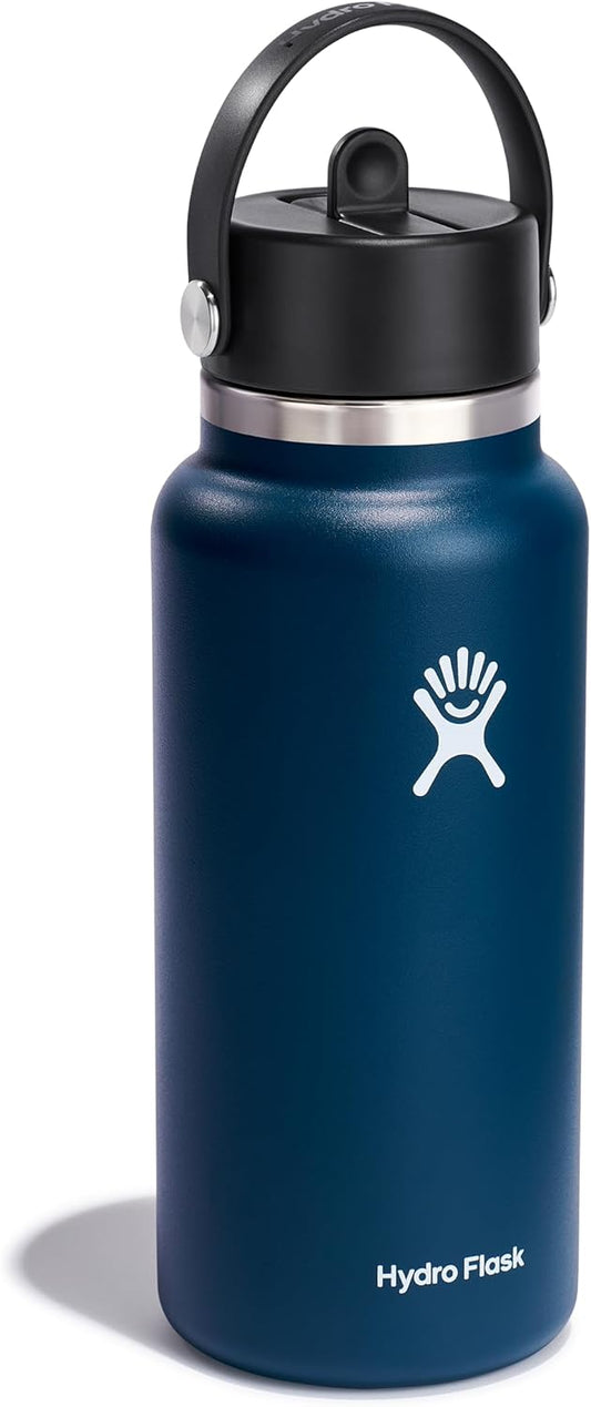 Hydro Flask Water Bottle - Insulated Stainless Steel - Wide Straw Lid, Non Spill, Leakproof in 32 Oz Indigo Blue