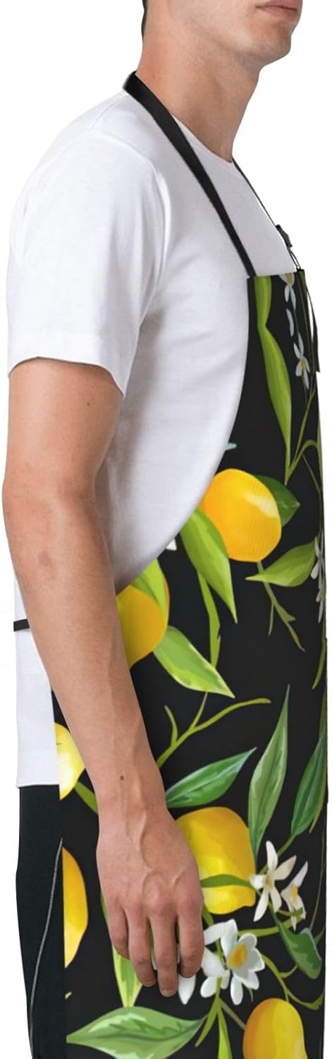 Lemon and Flower Print Laundry apron 28x33 In Waterproof Kitchen Apron with Pockets for Cooking Baking