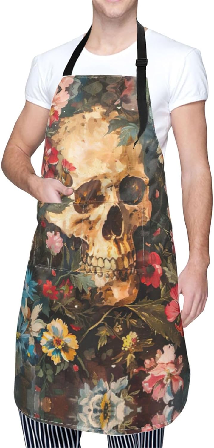 Floral Skull print Waterproof chef's apron with pocket apron for kitchen cooking baking barbecue and gardening