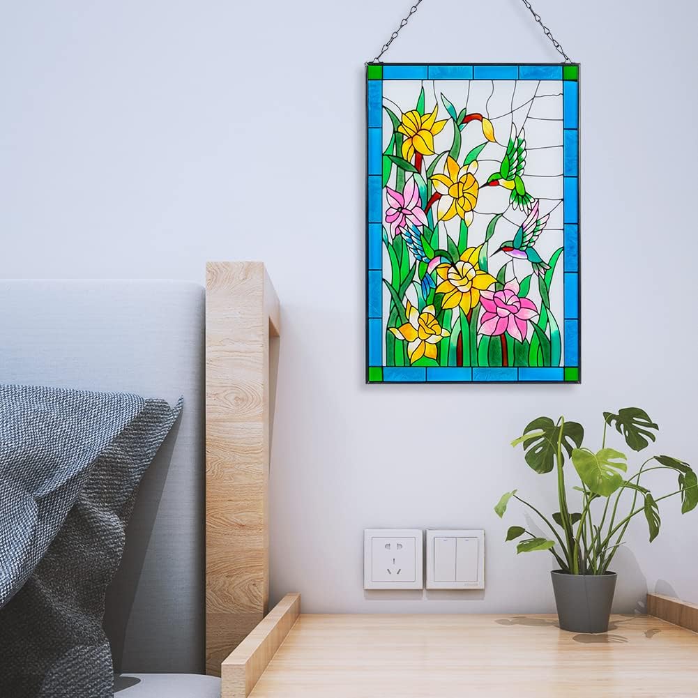 Viveta Hummingbird Stained Glass Window Hanging, Birds and Flowers Suncatcher for Window, Hummingbird Stained Glass Panel Hanging Ornament(Rectangular 10 * 15")
