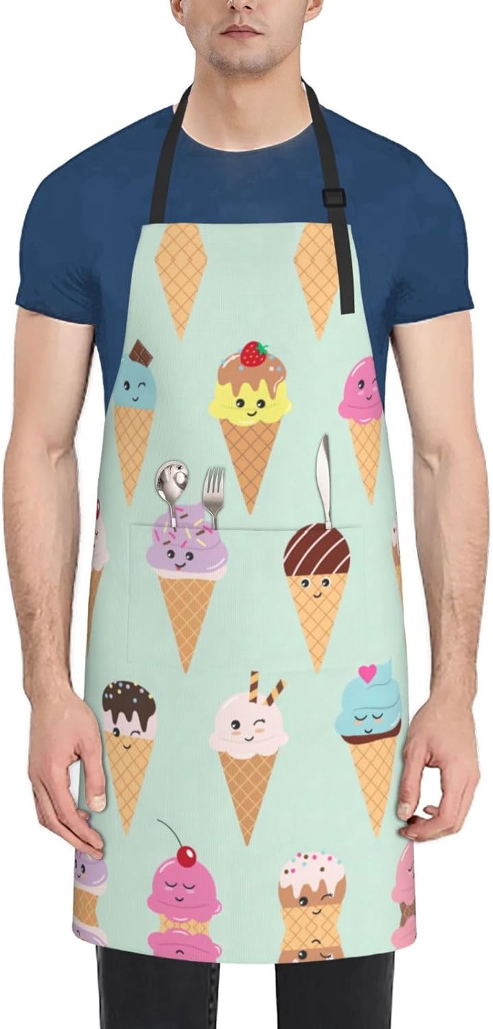 Ice Cream Cones Print 28x33 In Adult Kitchen Apron with Pockets Versatile Chef Smock for Cooking Baking