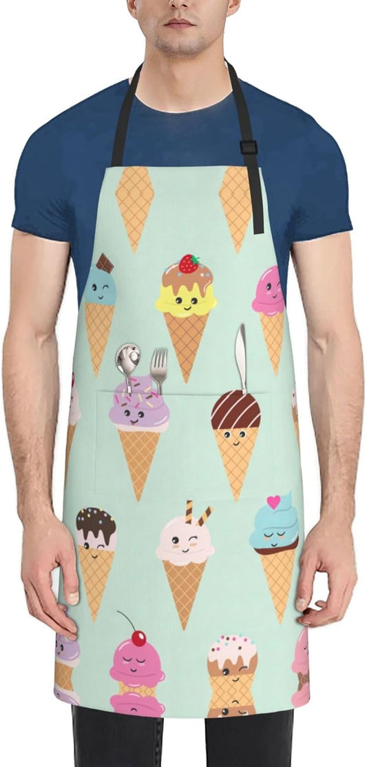 Ice Cream Cones Print 28x33 In Adult Kitchen Apron with Pockets Versatile Chef Smock for Cooking Baking