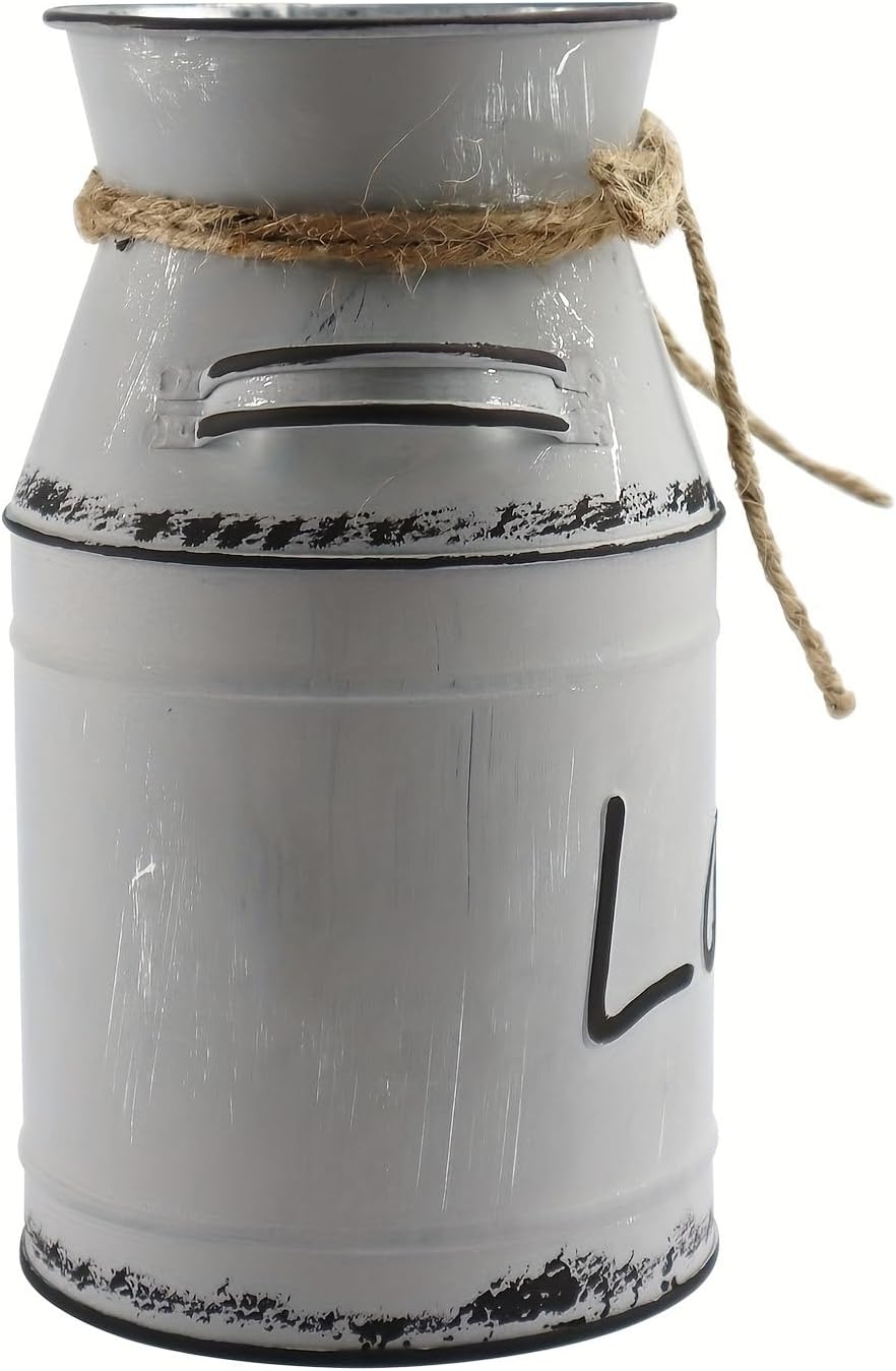 Love Pattern Vase Galvanized Antique Retro Milk Can Metal Planter Rustic Vintage Primitive Flower Holder Farmhouse Country Plant for Home Office Decor, 7.6” Gray