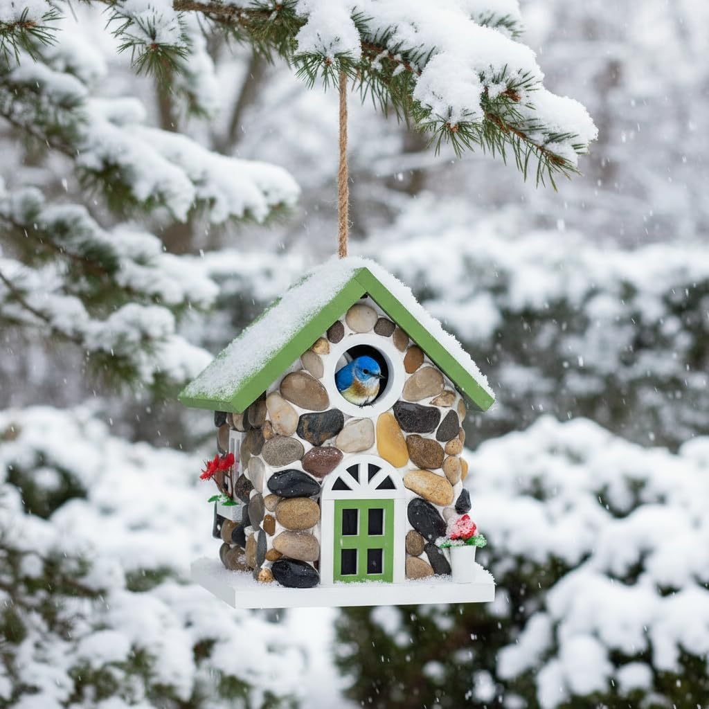 Masterpiece Bluebird House for Outside Clearance,Hanging Bird House for Outdoor, Stone Villa, River Pebbles Birdhouse for Outside, Garden Statue Solid Wood Longtime Lasting, Post Pole Mountable