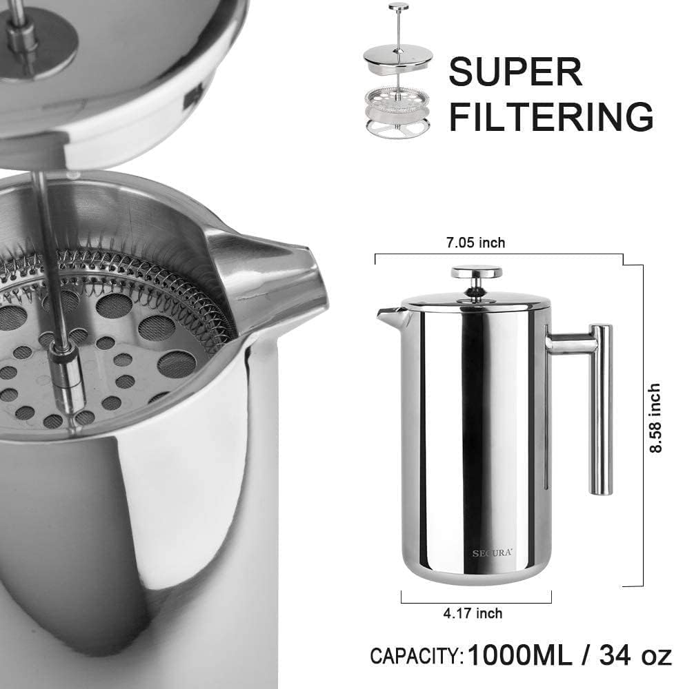Secura French Press Coffee Maker, 304 Grade Stainless Steel Insulated 
