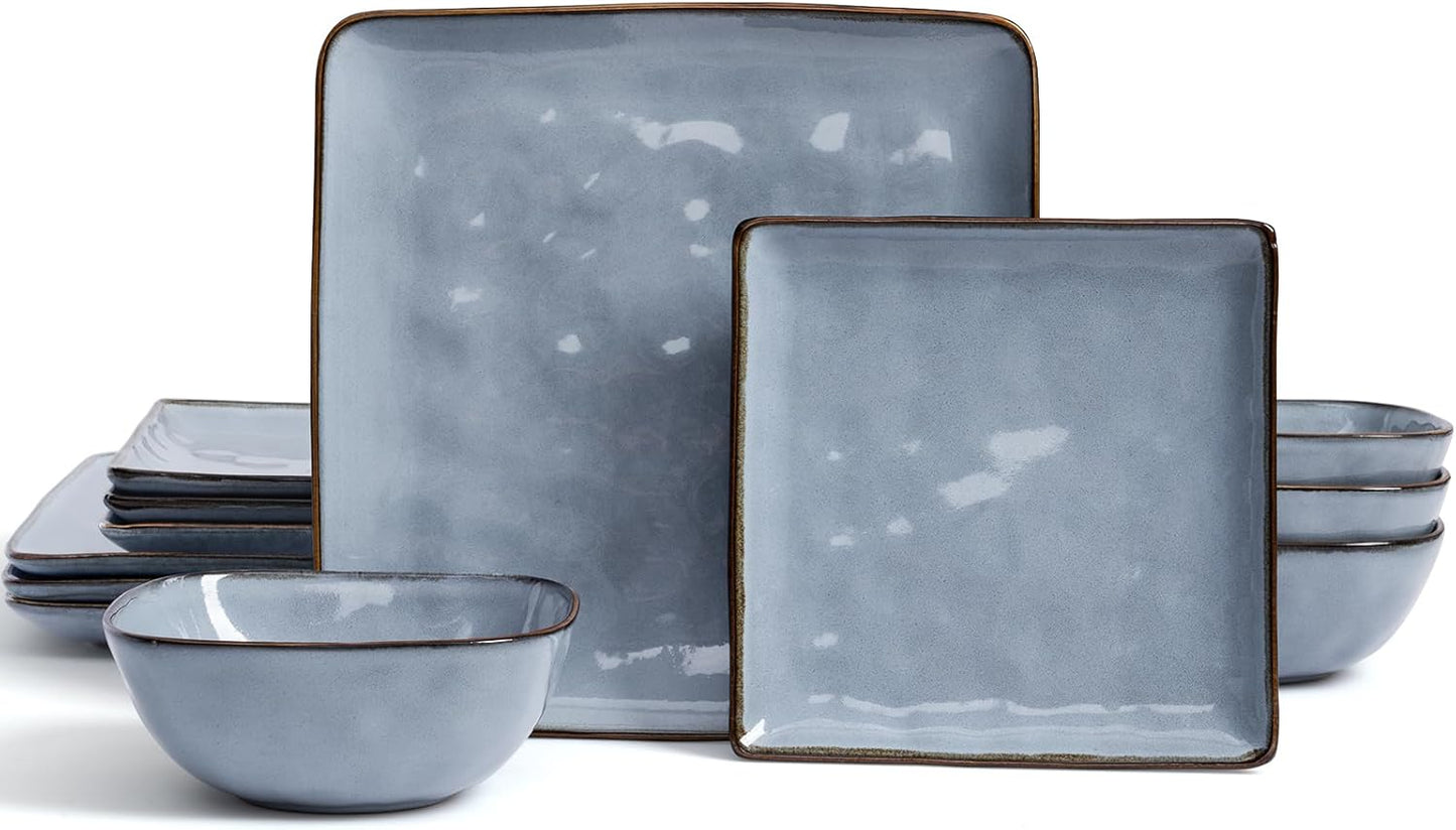 Famiware Dinnerware Sets for 4, Ocean Square 12-Piece Kitchen Plates a