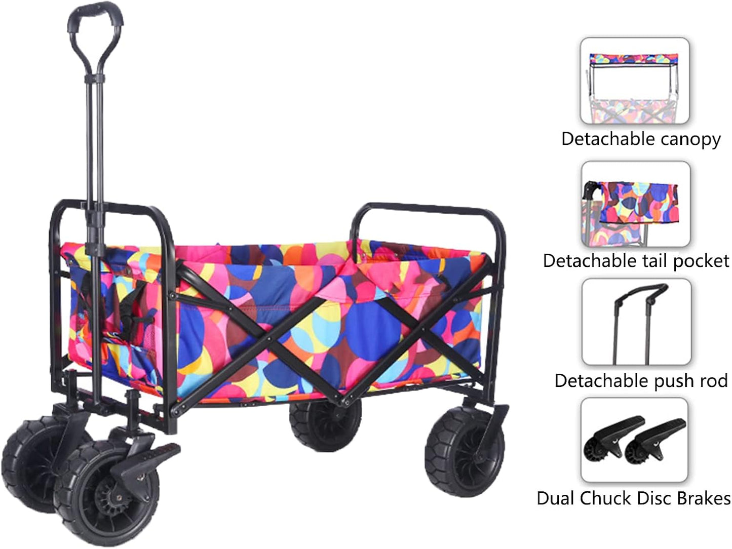 Collapsible Folding Garden Cart with Canopy - Portable Utility Wagon for Beach, Camping, Sports & Groceries, Off-Road Wheels, 220lbs Capacity, Pink Outdoor Trailer