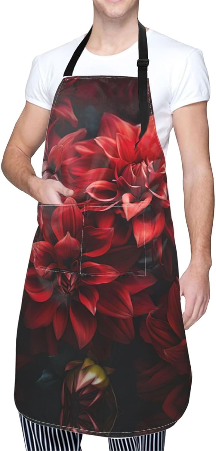Red flower print Waterproof apron with pocket adjustable cooking apron for adult kitchen bibs to bake