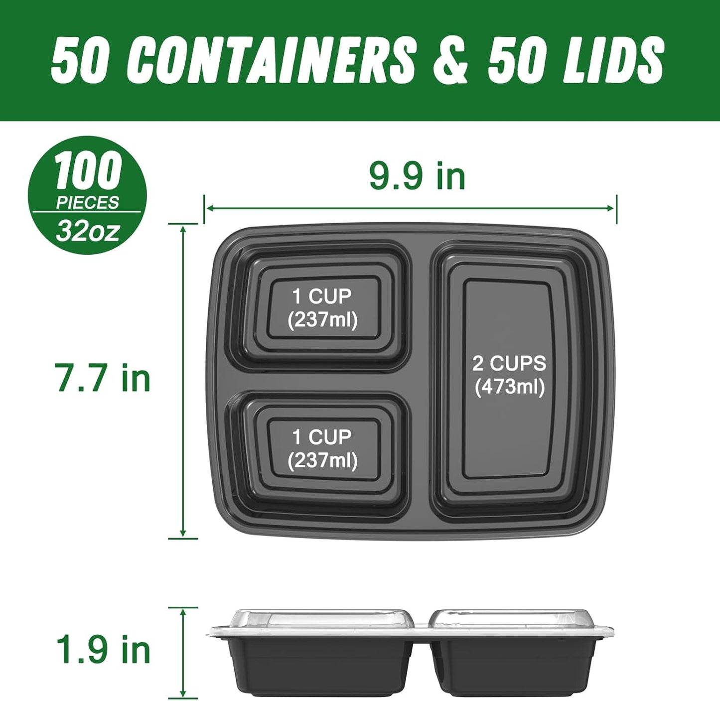 50 Pack (100-Piece) 32 oz Meal Prep Containers Reusable with Lids 3-Co