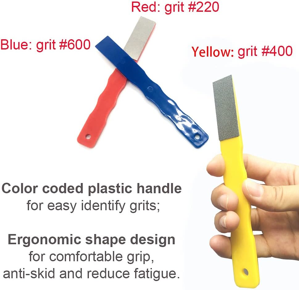 Diamond Color Coded Mini Diamond Hone Kit 3Grits #220,400,600 Flat Hand File Knife Sharpener Red/Yellow/Blue - 3pcs