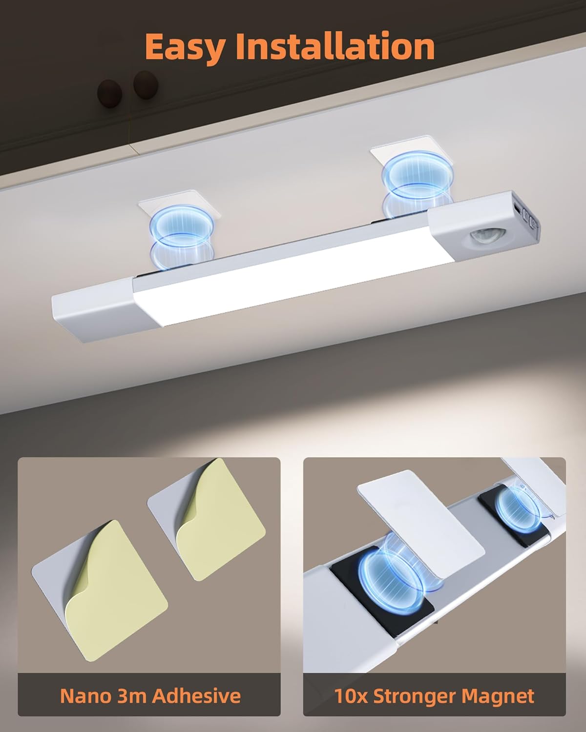 EZVALO 3 Pack 8” Motion Sensor Light Indoor, Wireless Under Cabinet Lighting, 30 LED Rechargeable Closet Lights, Dimmable, 3 Color Temperatures, Counter Lights for Wardrobe, Pantry, Bedroom, Kitchen