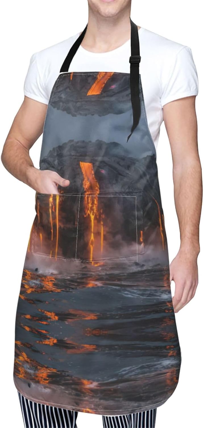 Kilauea Volcano Print 28x33 In Adult Kitchen Apron with Pockets Versatile Chef Smock for Cooking Baking