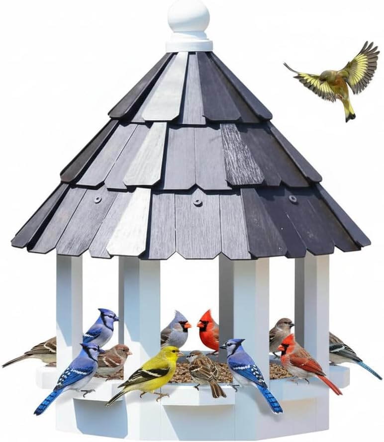 2026 XL Gazebo Bird Feeder for Outside Post, Water Proof Shingle Thick Metal Roof Bird House Birdfeeder for Post Mount, Flythrough Style Black 10 Lbs Capacity 15" x 15" x22" Without Post